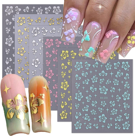 6 Sheets 3D Flowers Nail Art Stickers - Self Adhesive Decals in Gold, Silver & White/Blue/Pink for DIY Manicure