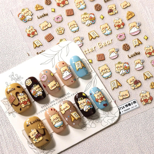 Dedyel Cute Nail Stickers 5D Embossed Cartoon Bear Kawaii Animal Self-Adhesive Nail Decals for Women Girls Kids Nail Art Decoration