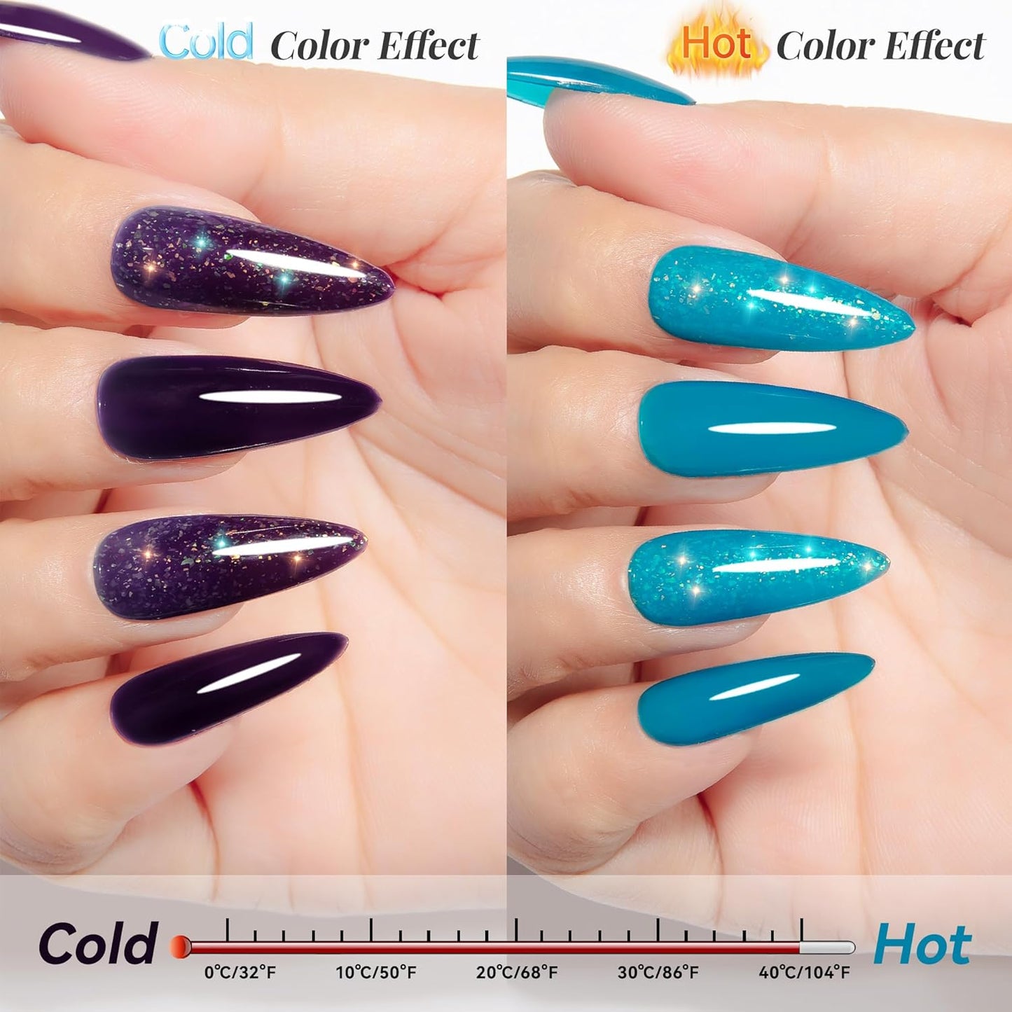 YTD Likomey Color Changing Gel Nail Polish 2 Pcs Set,15ml Turquoise To Dark Purple Color and Glitter Nails Gel Kit,Thermal Ombre Change Colors Salon Manicure Fall Winter UV Nail Varnish,WB2-6