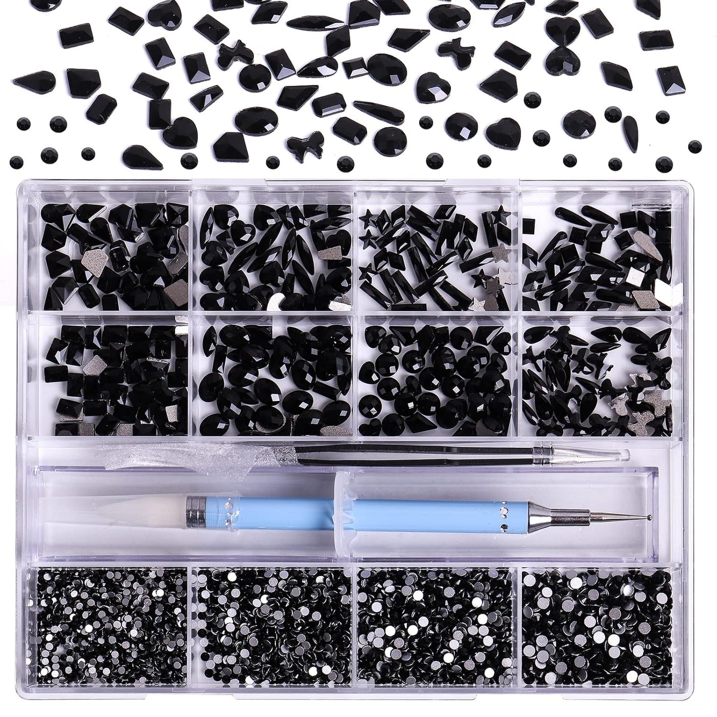 3320Pcs Black Nail Art Rhinestones Crystal,HOINCO 3D Rhinestones Gems Jewels Diamond,24 Types of 320 Diamonds + 3000 Round Beads, Crystals 3D Flat Back Gemstones for Nail DIY Crafts with Tweezers Pen
