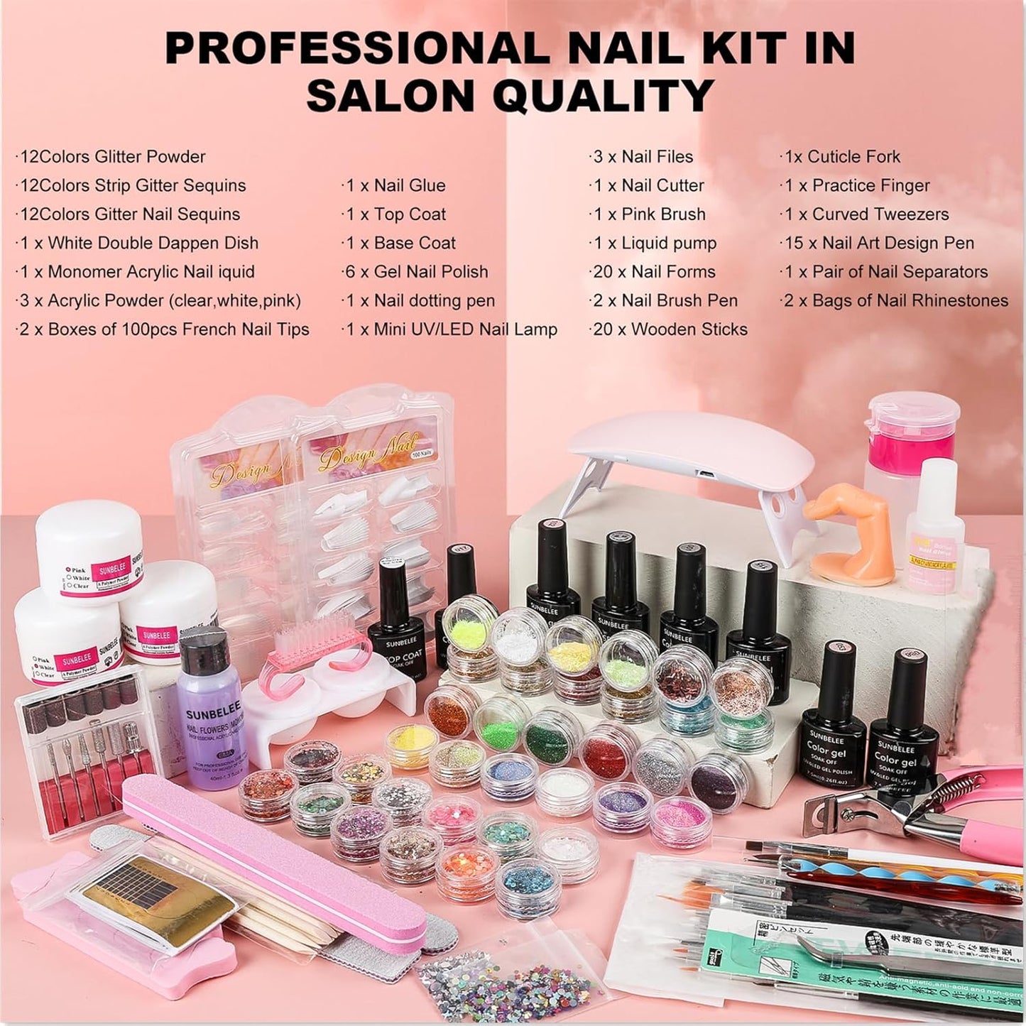 BLIFF Nail Kit Set Professional Acrylic with Everything, with Gel Nail Polish Kit Acrylic Liquid Monome with UV Light 36 Color Glitter Powder Nails Decoration Tools Home Salon