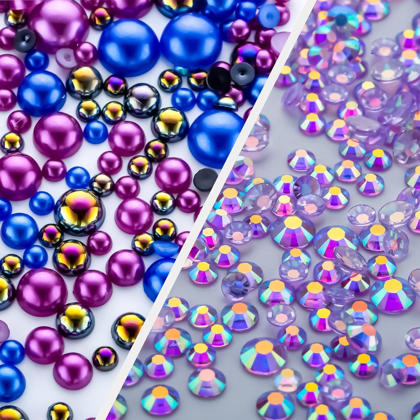 60g Dark Blue Flat Back Pearls Rhinestones for Crafts Mixed Size 3mm-10mm AB Color Round Half Pearls Flatback Pearl Beads and Resin Rhinestones Set for Face Art with Glue