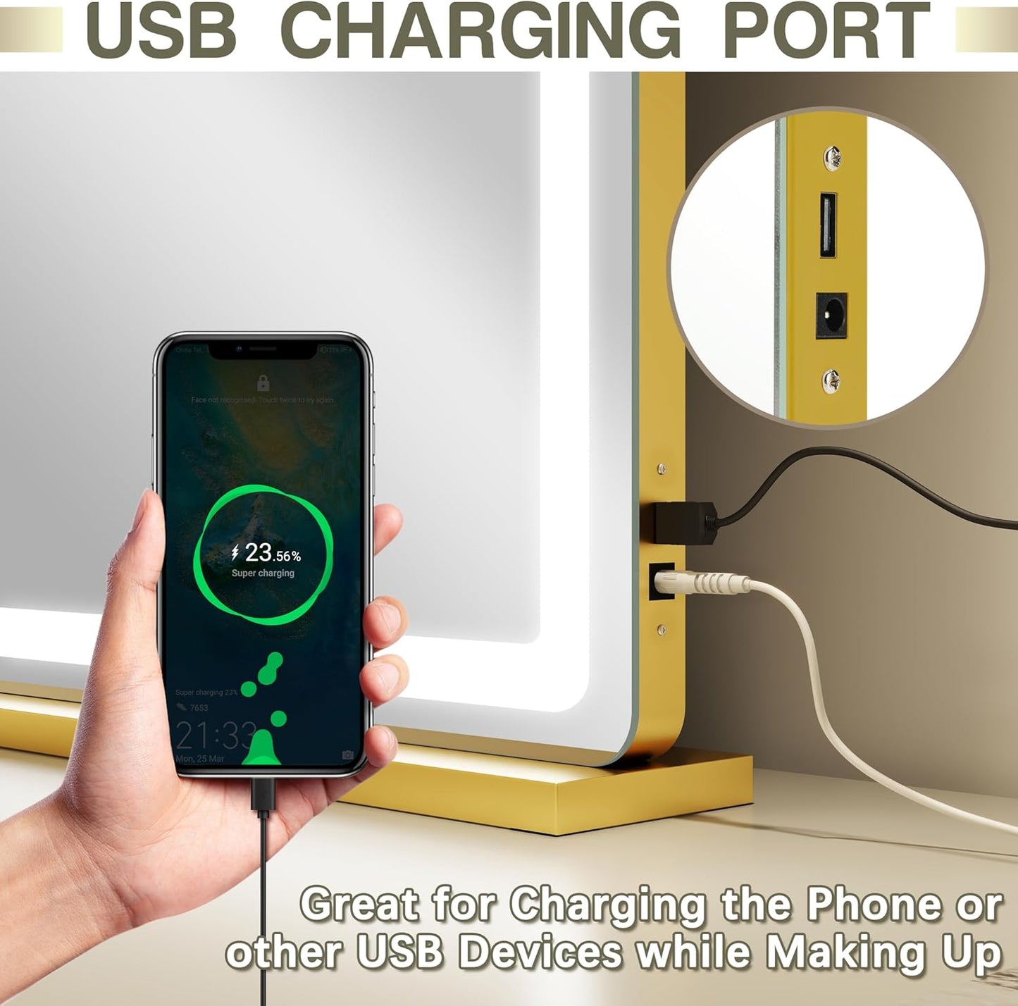 Gold Vanity Mirror with Lights, 32" x 22" Large Lighted Vanity Mirror with Dimmable 3 Modes, LED Makeup Mirror, USB Charging Port, Tabletop or Wall-Mounted