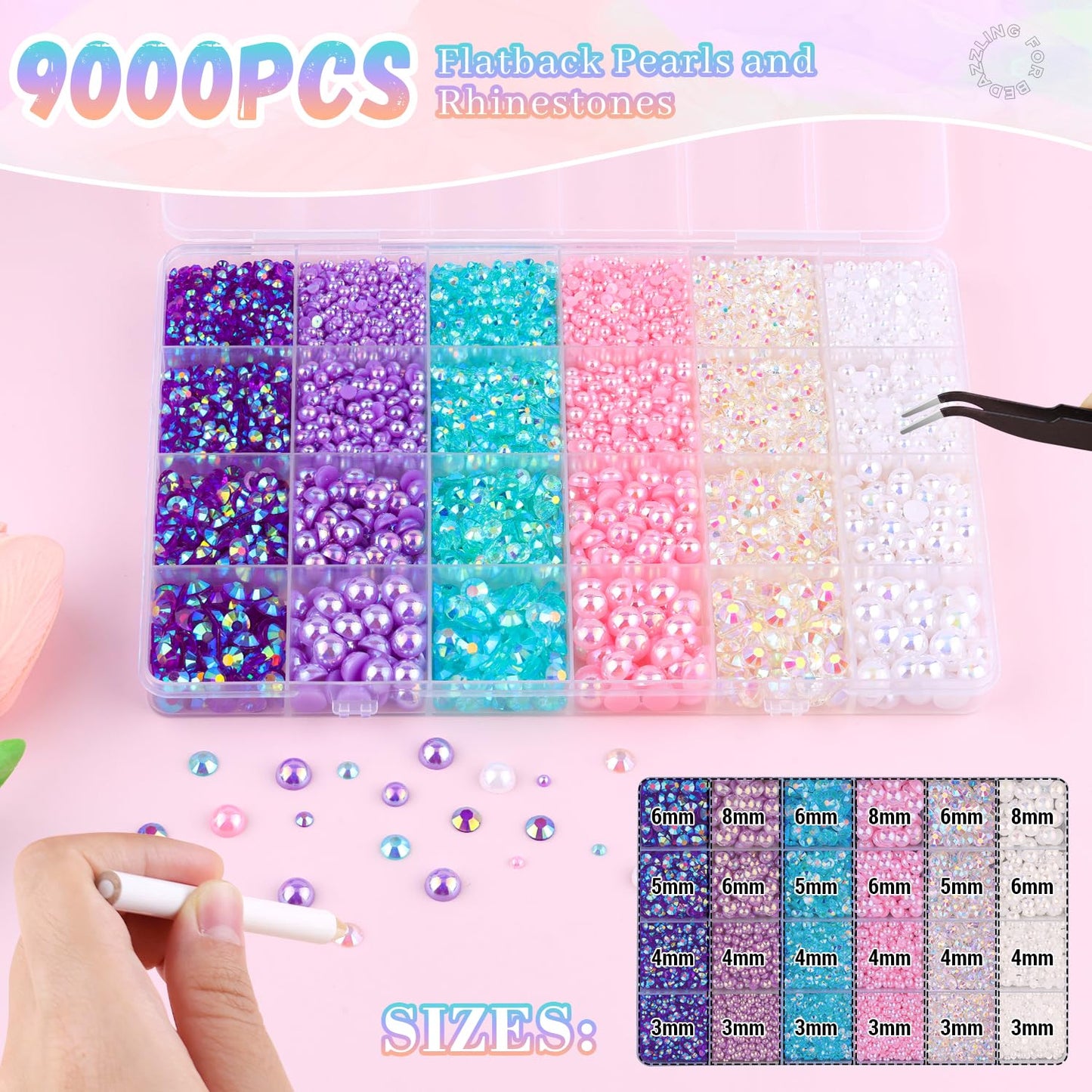 9000Pcs Flatback Pearls and Rhinestones for Crafting, Pink Purple White Mixed Size 3-8mm Resin Rhinestones and Half Pearls for Bedazzling, Nail Art with Tweezers and Pickup Pencil