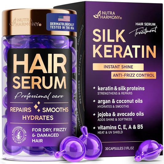 Hair Serum Capsules – Keratin & Silk Protein Hair Treatment with Argan, Coconut, Jojoba & Avocado Oils – Leave‑In Anti‑Frizz Hair Oil w/ Vitamins A, E & B5 for Dry, Damaged Hair – No Rinse, 30 ct