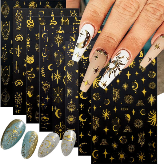 8 Sheets Metallic Sun Star Moon Nail Art Stickers 3D Self-Adhesive Gold Decals Sun God Asterisk Snake Eyes Design for Women Acrylic Nails DIY Decoration Supplies