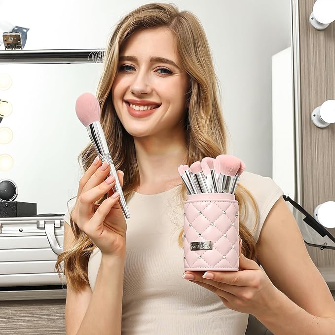 Bueart Design Elegant pink Ultra soft labeled Makeup Brushes Sets with Brush Holder makeup brush set with Foundation Powder blush blending contour Brush (15Pcs Silver Pink+Holder)