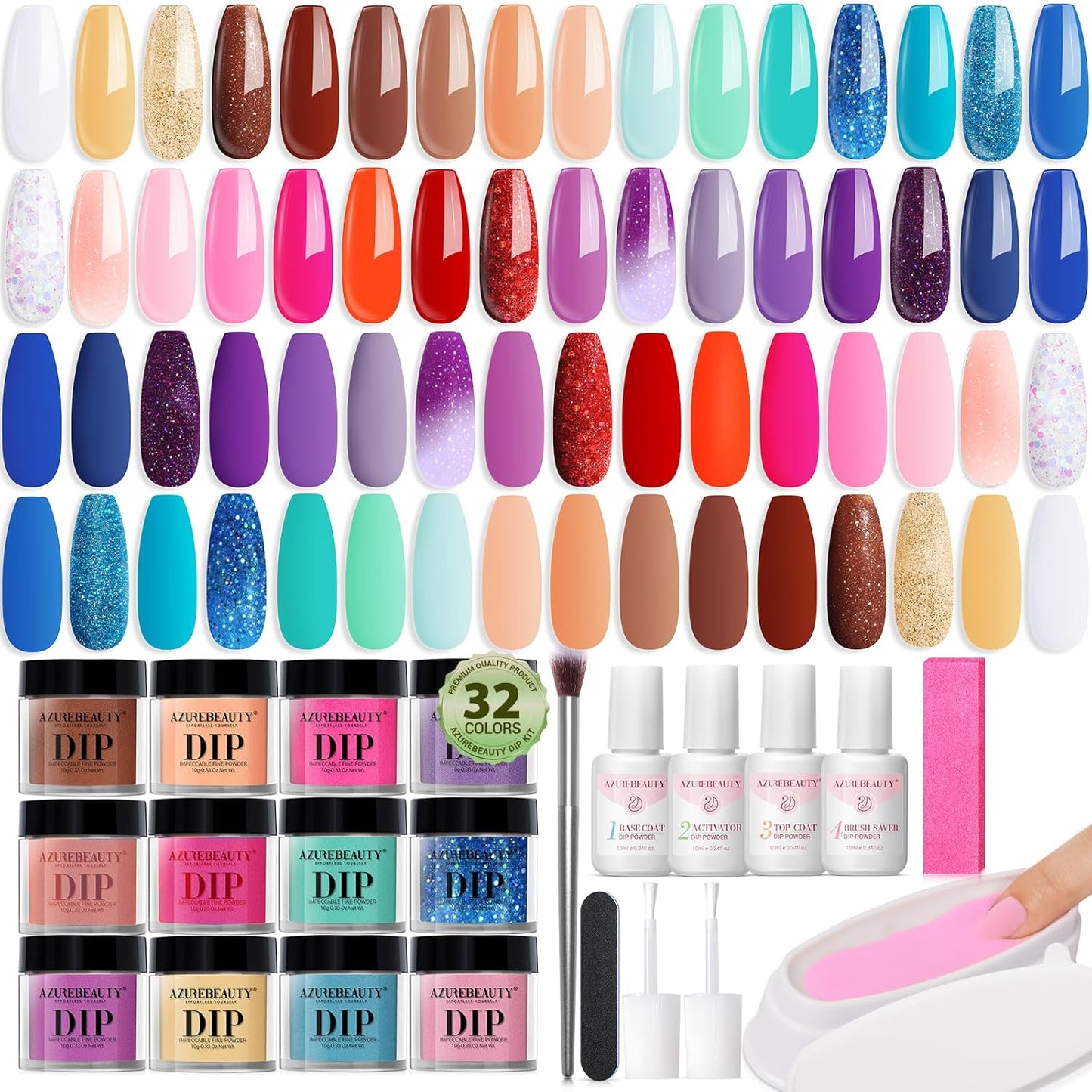 AZUREBEAUTY 42 Pcs Dip Nails Powder Starter Kit, 32 Hot Pink Blue Purple Color Changing Spring Dipping Powder Liquid Set with Base Coat/Top Coat/Activator for French Manicure Salon DIY.