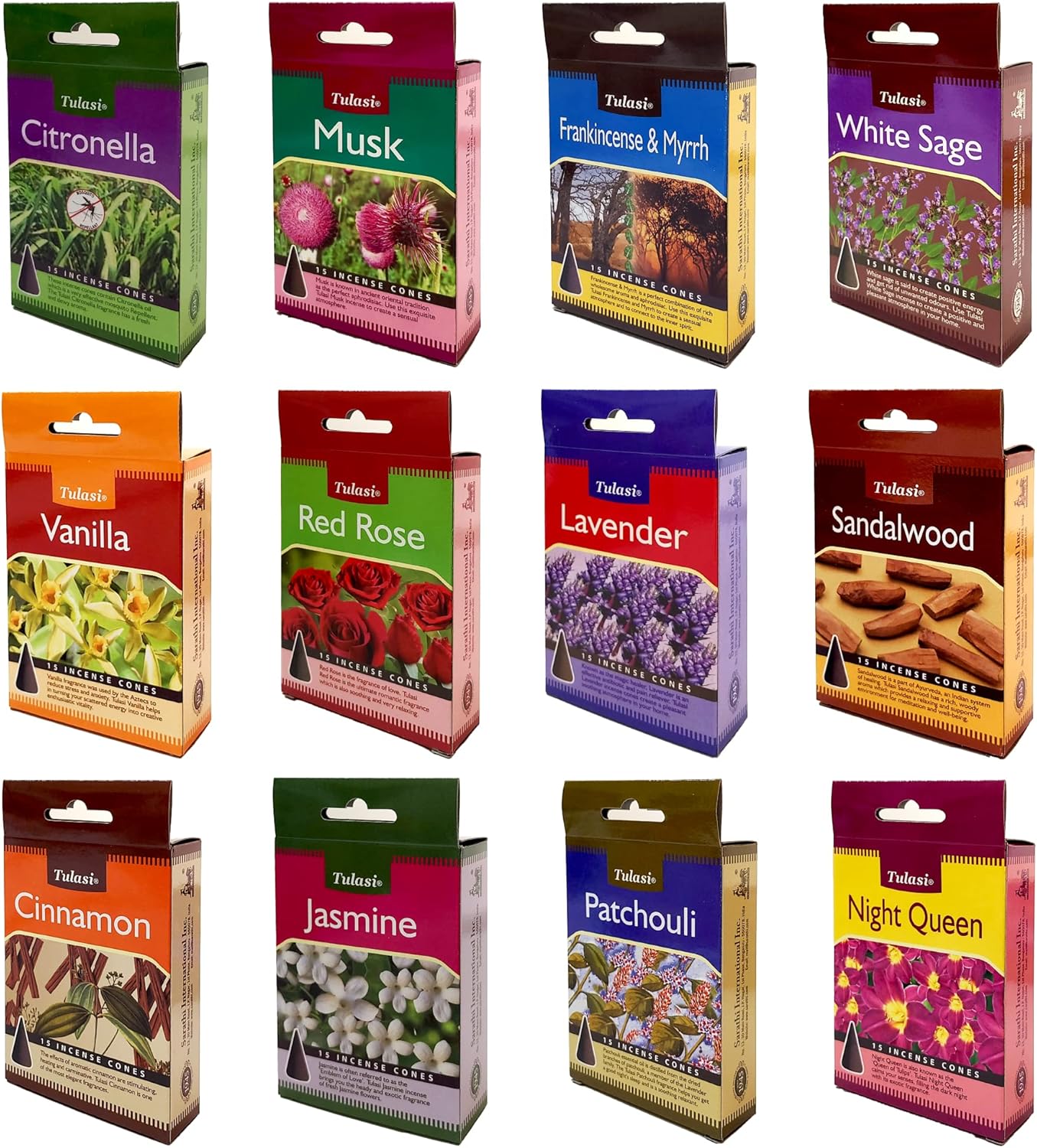 Tulasi Classic Incense Cones with Natural Oils Scents, Set of 12 Fragrances (180 Cones) Calming Home Aromatherapy, Meditation, Relaxing, Mixed Scents with Natural Oils