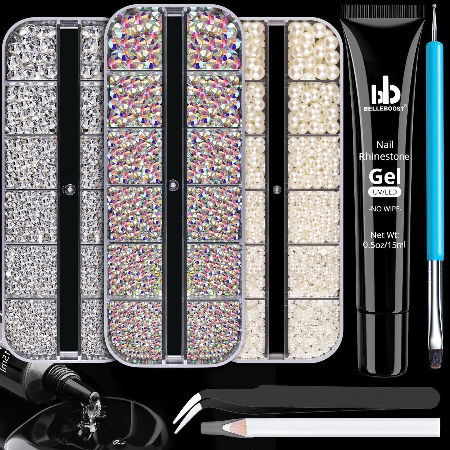 Rhinestone & Pearl Manicure Kit - Nail Rhinestone Glue Gel, Flatback Glass Crystal AB + Clear Gems, Beige Half Round Pearls, Gem Glue for Nails (UV/LED Needed) with Dotting Tools