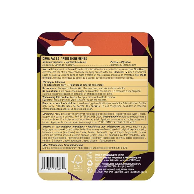 ATTITUDE Plastic-free Lip Balm with Sun Protection SPF 15, EWG Verified, Plant- and Mineral-Based Ingredients, Vegan and Cruelty-free, Mango, 0.3 Oz (Pack of 3)