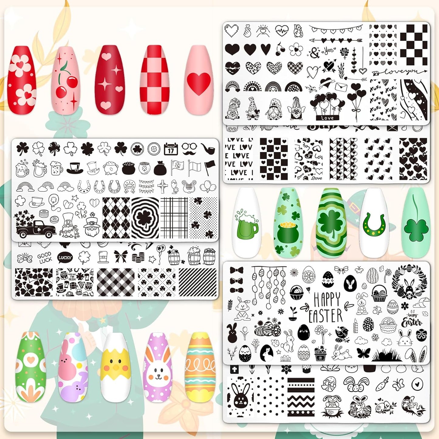 Whaline 6Pcs Valentine's Day St. Patrick's Day Easter Nail Plates Stamping Set Heart Shamrock Egg Stamp Templates Nail Art Plates for DIY Print Manicure Salon Design