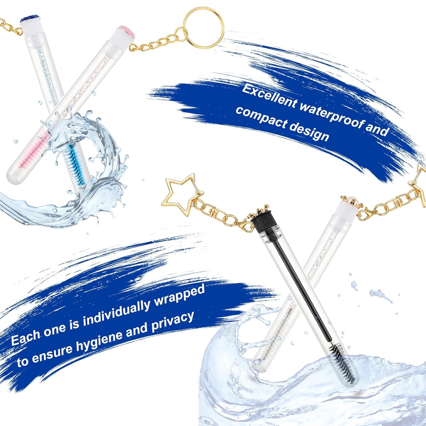 Upgrade 48 Pieces Disposable Mascara Wands Set,Extremely Durable Diamond Mascara for Women and Girls- Include 24 Pcs Crystal Lash Spoolies Brush and 24 Pcs Reusable Keychain Empty Eyelash Brush Tubes