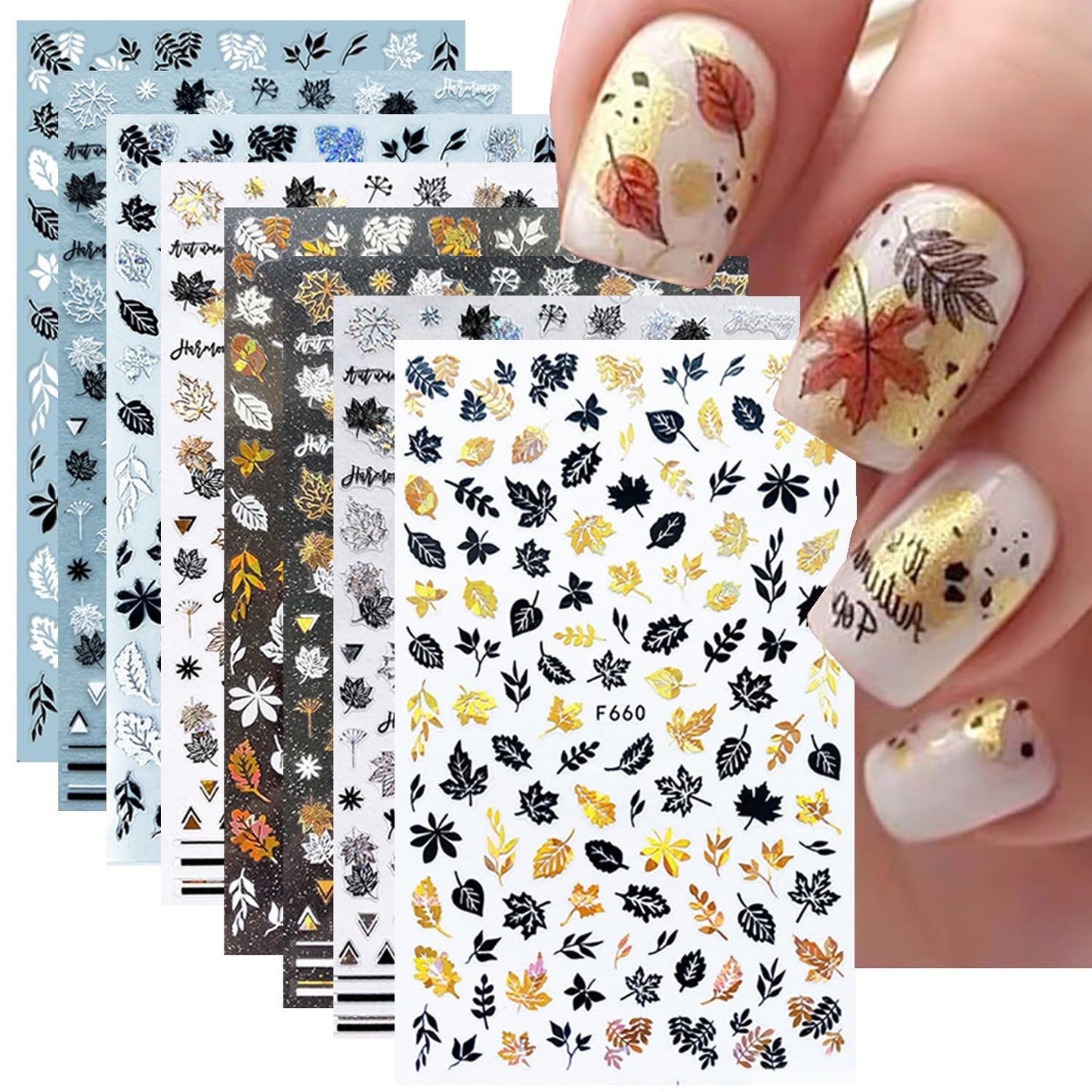 8 Sheets Fall Leaves Nail Art Stickers Gold Maple Leaf Self-Adhesive Nail Decals 3D Stickers Foil Autumn Maple Nail Designs Laser Shiny Manicure Tip Fall Nail Decorations for Thanksgiving Day Supplies