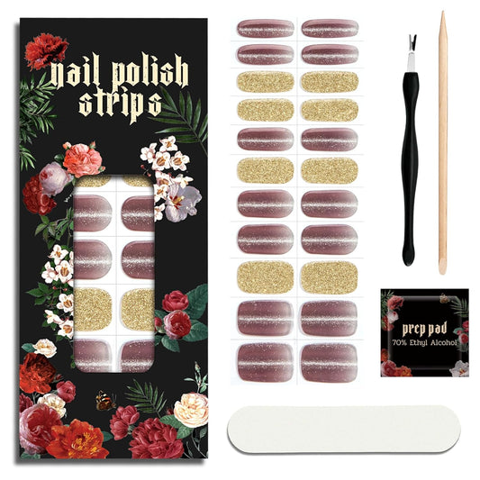 Nail Polish Strips - 22 Pcs Salon Quality Gel Nail Stickers - Long Lasting Wraps (Lavender Gold Foil)