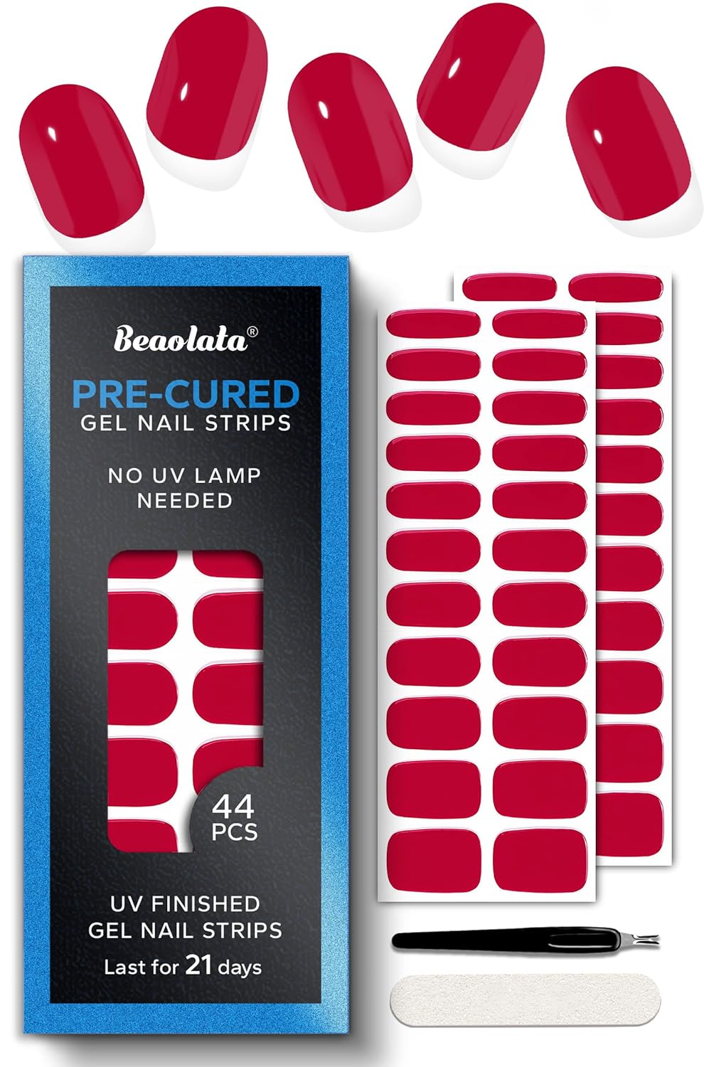 Pre Cured Gel Nail Strips - 44PCS Salon Quality Gel Nail Stickers - Long Lasting Polish Wraps for Women no UV Light Needed Easy Apply& Remove (Parisian Red）