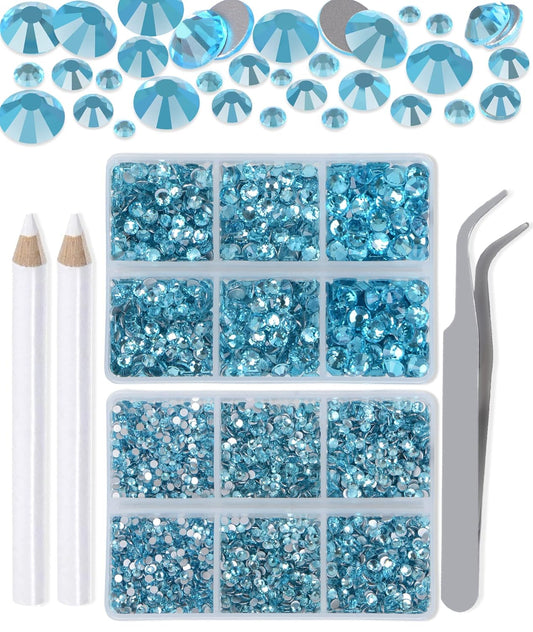 LPBeads 6000 Pieces Lake Blue Non Hotfix Rhinestones 6 Sizes Round Crystal Glass Flat Back Rhinestones with Tweezers and Picking Pen for Nail Art Crafts Clothes Bags DIY