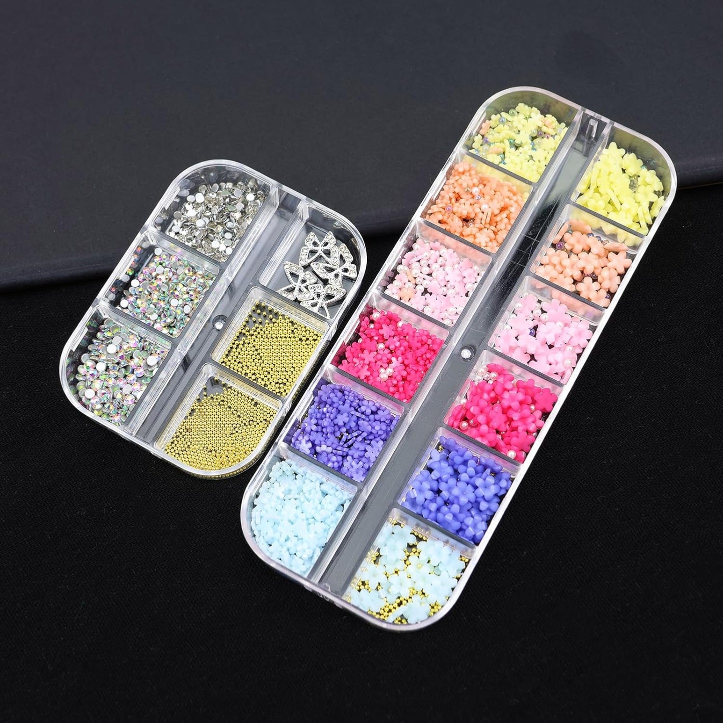 3D Pink Pastel Acrylic Flower Nail Charms - Mixed Rhinestones Kit with Gold Caviar Beads & Crystal AB Color Gems