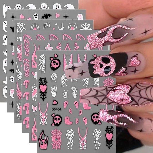 Halloween Nail Art Stickers Decals with Cute Ghost Skeleton Spider Web Bat Stars Love Flower Butterfly Design Glitter Nail Stickers DIY Festival Nail Decoration for Women Girls 6 Sheets