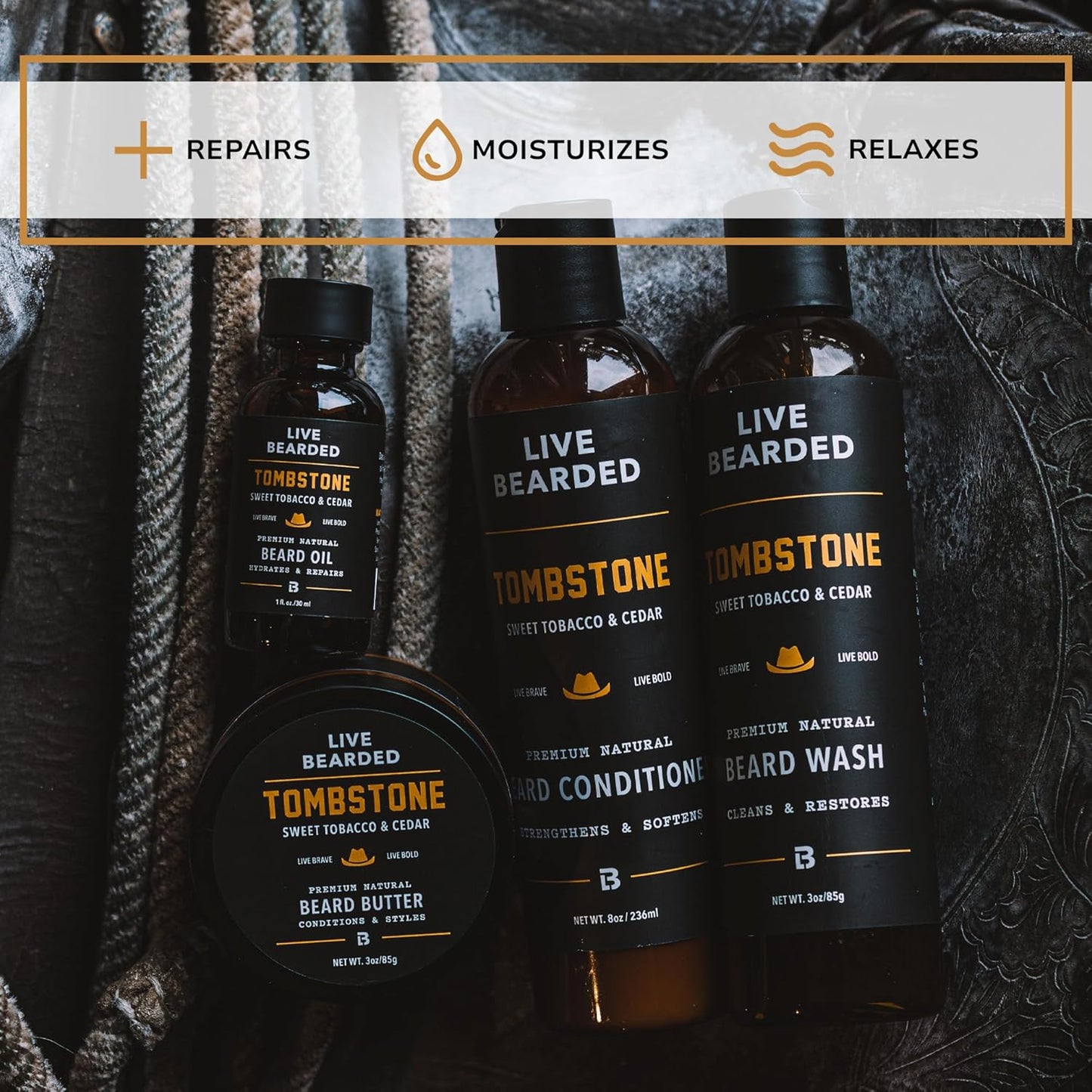 Live Bearded Complete Beard Grooming Kit, Made in the USA with All-Natural Ingredients - Beard Wash, Conditioner, Beard Butter & Beard Oil Kit - Mens Gift Set, in Scent Tombstone, Tobacco & Cedar