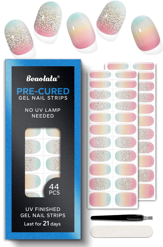 Pre Cured Gel Nail Strips - 44PCS Salon Quality Gel Nail Stickers - Long Lasting Polish Wraps for Women no UV Light Needed Easy Apply& Remove (Rainbow Pink Glow）