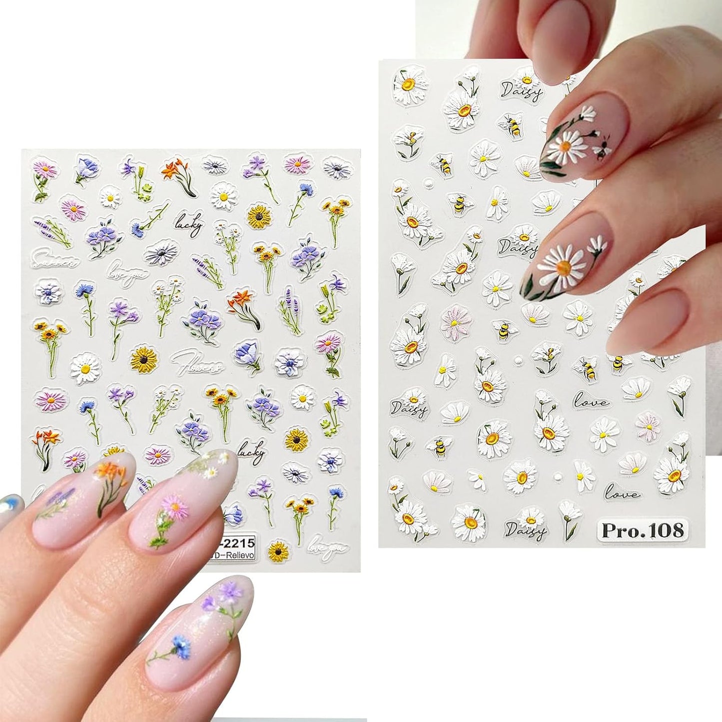 Flower Nail Stickers for Nail Art 5D Embossed Nails Decals Self Adhesive Spring Summer Floral Nails Decoration for Women 3D Design Colorful Flower Daisy Lavender Supplies