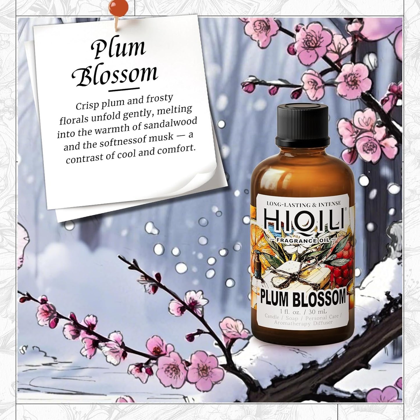 HIQILI Plum Blossom Fragrance Oil for Making Candle, Soap, Inspired by J-M.Lone Plum-Bloom, Linen Spray and Scented Sachets, Use in Essential Oil Diffuser - 1 Fl Oz