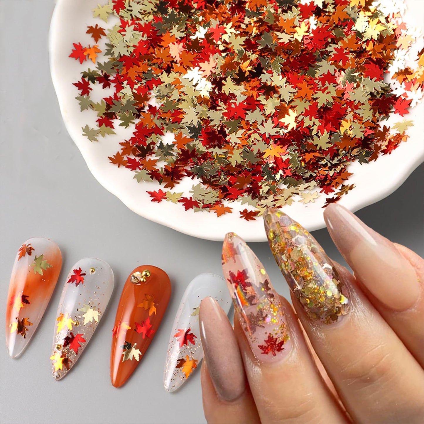 Thanksgiving Glitters Nails Sequins Fall Nail Glitter Sequins Autumn Maple Leaf Flakes Design Nails Charms Holographic Mixed Color 3D Confetti Nails Glitter for Women