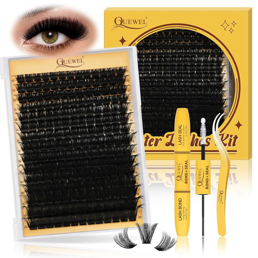 QUEWEL DIY Lash Extension Kit, 300pcs Cluster Lashes Mixed 10-20mm Lash Clusters Kit with Lash Bond and Seal Waterproof, Lash Applicator and Brush, DIY Lash Extensions at Home(200D RR-KIT)