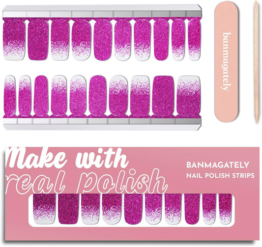 Nail Polish Strips, 20Pcs Salon Quality Gel Nail Stickers, Easy Long Lasting Wraps for Short Nails no UV Light Needed (Glitter Deep Purple)