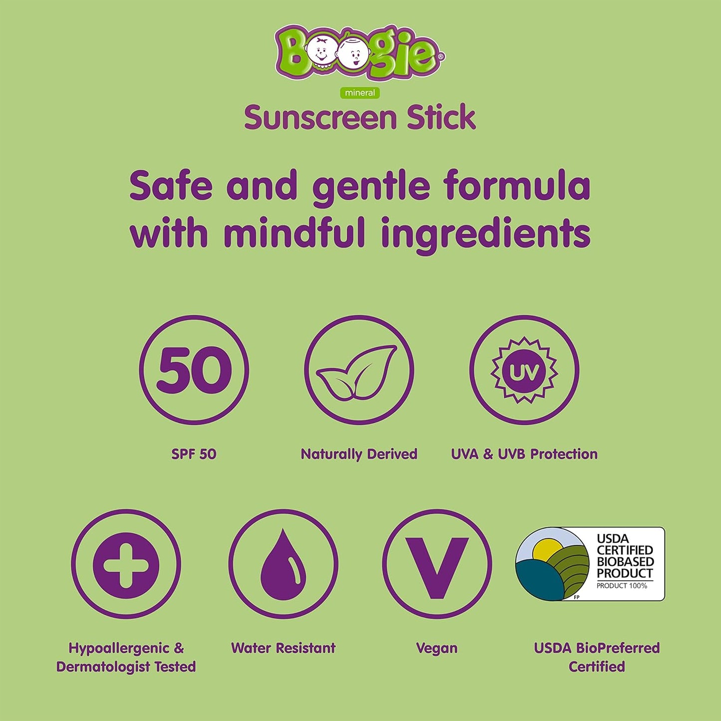 Baby Sunscreen Stick by Boogie Block, Mineral Sunscreen SPF 50, FSA/HSA Eligible, Travel Size Sunblock for Kids, Zinc Oxide, Water Resistant, Vegan, Fragrance Free Pack of 2