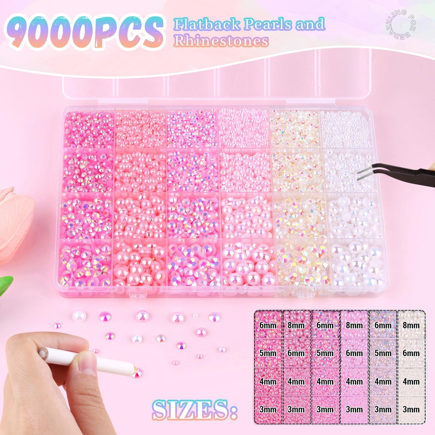 9000Pcs Flatback Pearls and Rhinestones for Crafting, Pink White Mixed Size 3-8mm Resin Rhinestones and Half Pearls for Bedazzling, Nail Art with Tweezers and Pickup Pencil