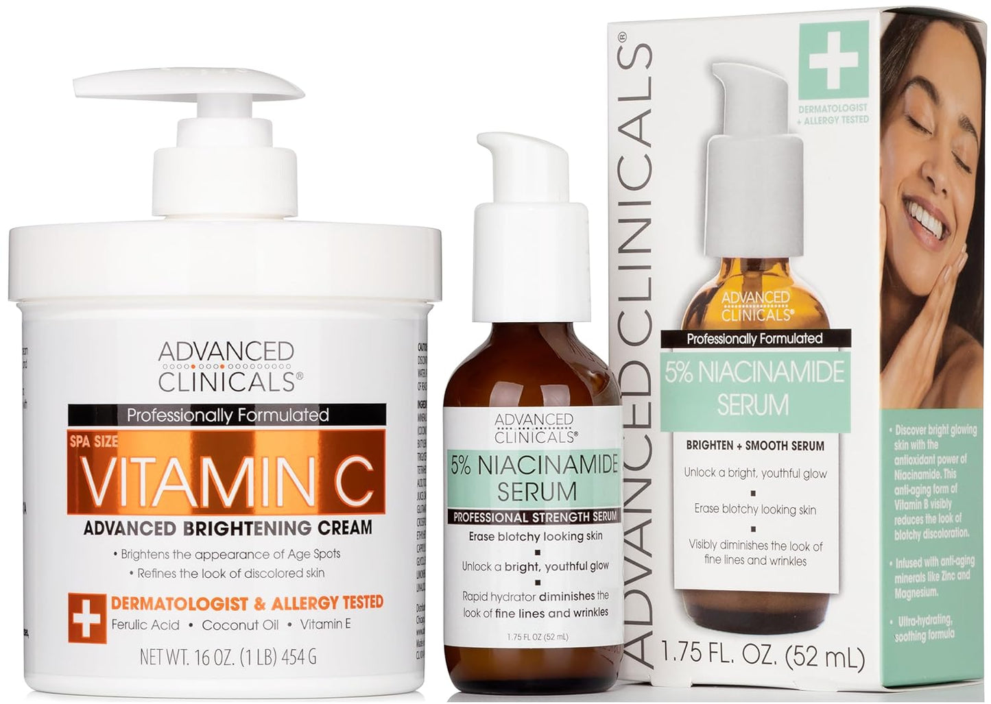Advanced Clinicals Brightening Vitamin C Cream + 5% Niacinamide Serum W/Hyaluronic Acid 2pc Set | Vitamin C Body Lotion Moisturizer & Dark Spot Remover Face Serum | Skin Care Products, 2pc Bundle