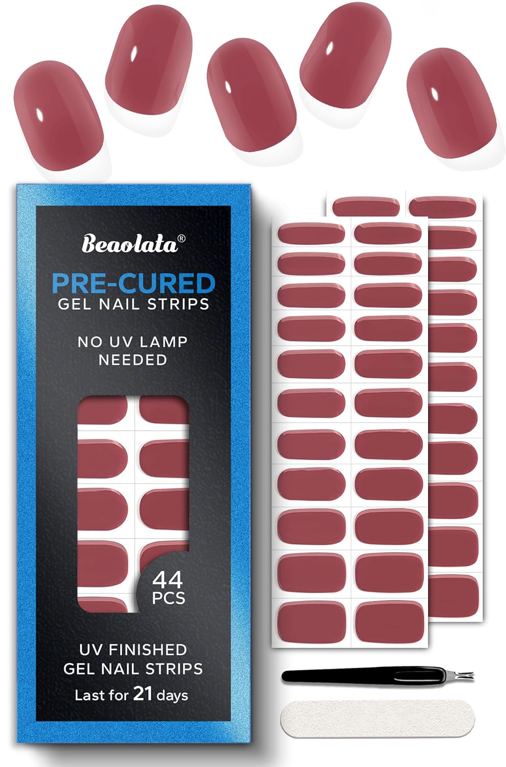 Pre Cured Gel Nail Strips - 44PCS Salon Quality Gel Nail Stickers - Long Lasting Polish Wraps for Women no UV Light Needed Easy Apply& Remove (Oxblood Brown）
