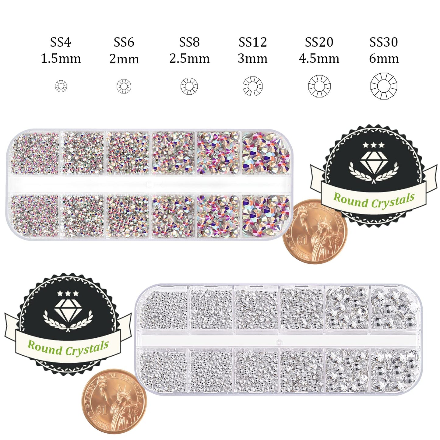 Two Packs of Flatback Rhinestones 4000 Pcs Nail Art Rhinestones Flatback Crystal AB+Transparent White Clear Rhinestone with Picker Pencil and Tweezer for Nail Art and Decoration