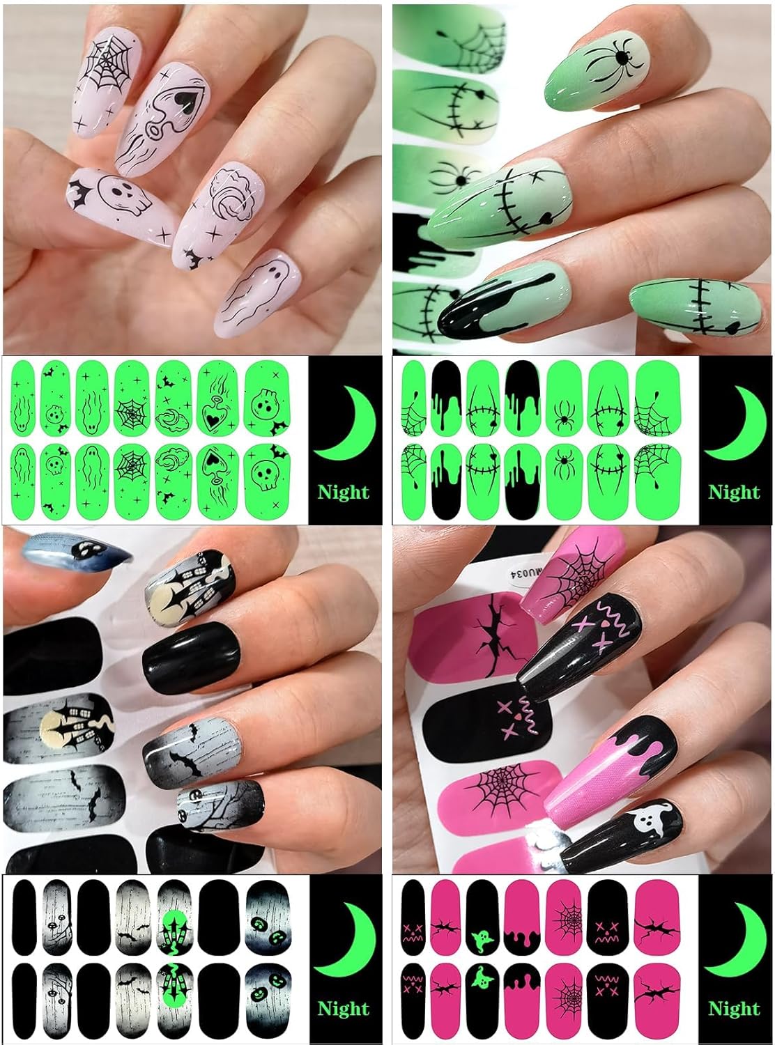 EBANKU 14 Sheets Halloween Full Wrap Adhesive Nail Polish Stickers Glow in The Dark, Cute Ghost Bats Spider Webs Skeleton Nail Strips Wraps with Nail File for Party Decor