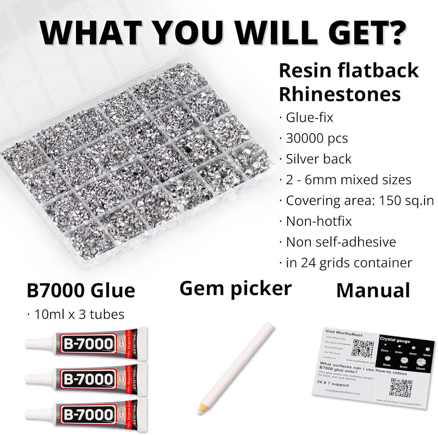 30000Pcs Resin Rhinestones for Crafting Bedazzling, Silver Clear Flatback Gems Crystals for Bedazzle Crafts Clothing Clothes Fabric, Flat Back Jewels Diamonds Mixed Sizes Bedazzler Kit with b7000 Glue