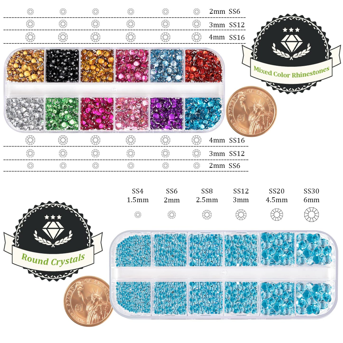 Two Packs of Flatback Rhinestones 4520 Pcs Colorful Nail Art Rhinestones Flatback Crystal Colorful+Lake Blue Rhinestone with Picker Pencil and Tweezer for Nail Art and Decoration
