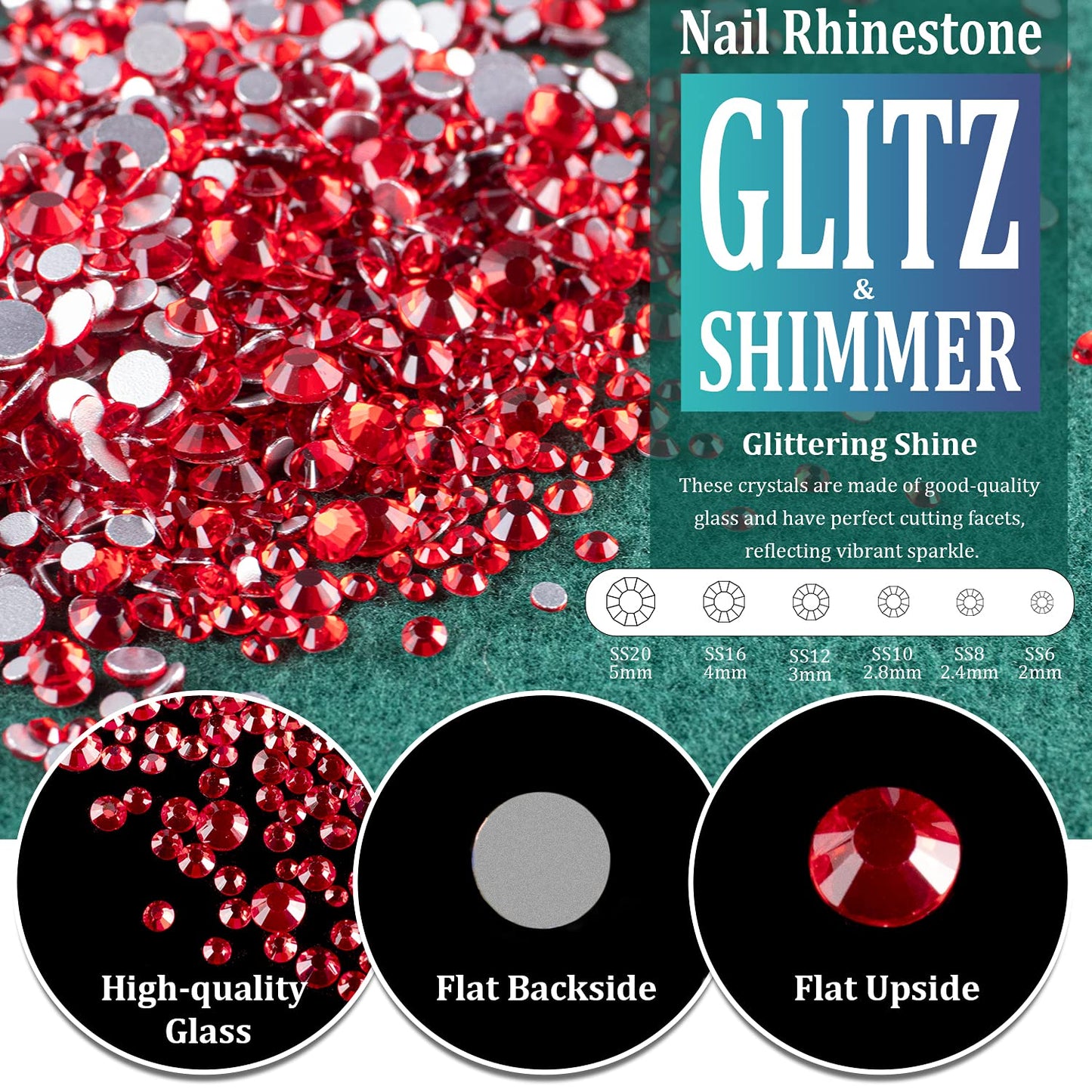 3440PCS 6 Sizes Black and Red Glass Crystal Kit with Pickup Pen + Tweezer Tools for Iridescent Shine Nail Art Manicure Makeup DIY Deco Flatback Round Bead Rhinestone Gem Jewelry Diamond