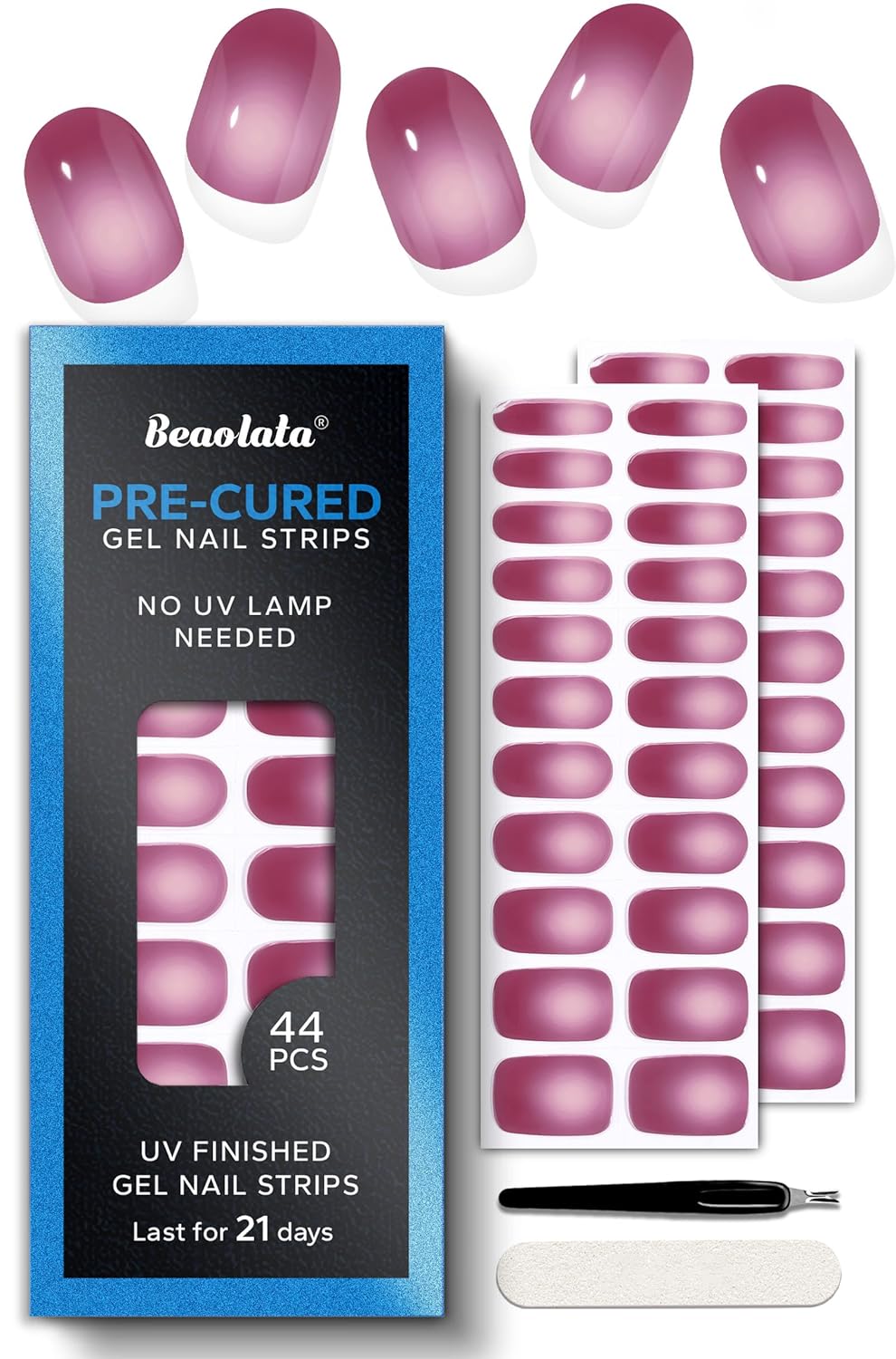Pre Cured Gel Nail Strips - 44PCS Salon Quality Gel Nail Stickers - Long Lasting Polish Wraps for Women no UV Light Needed Easy Apply& Remove (Bold Pink)