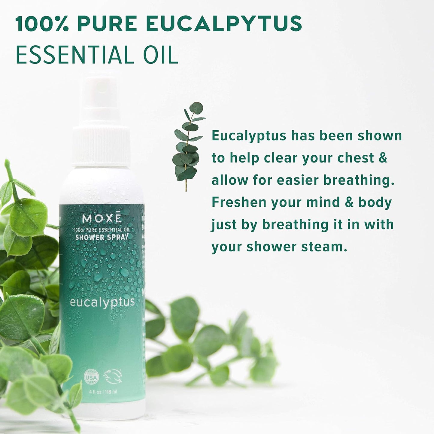 MOXE Eucalyptus Oil Shower Mist, Spa Steam Spray, Certified Natural 100% Essential Oils, Made in USA, Aromatherapy, Sinus Congestion Relief, Tension Relief (8oz)