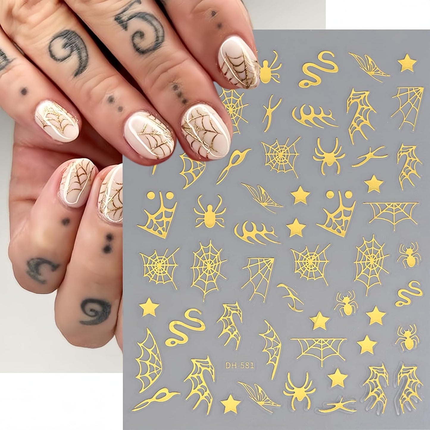 8 Sheets Spider Web Nail Art Stickers 3D Holographic Halloween Spider Snake Nail Decals Golden Silver Black White Design Nail Art Stickers for Women para Uñas DIY Manicure Art Halloween Decoration
