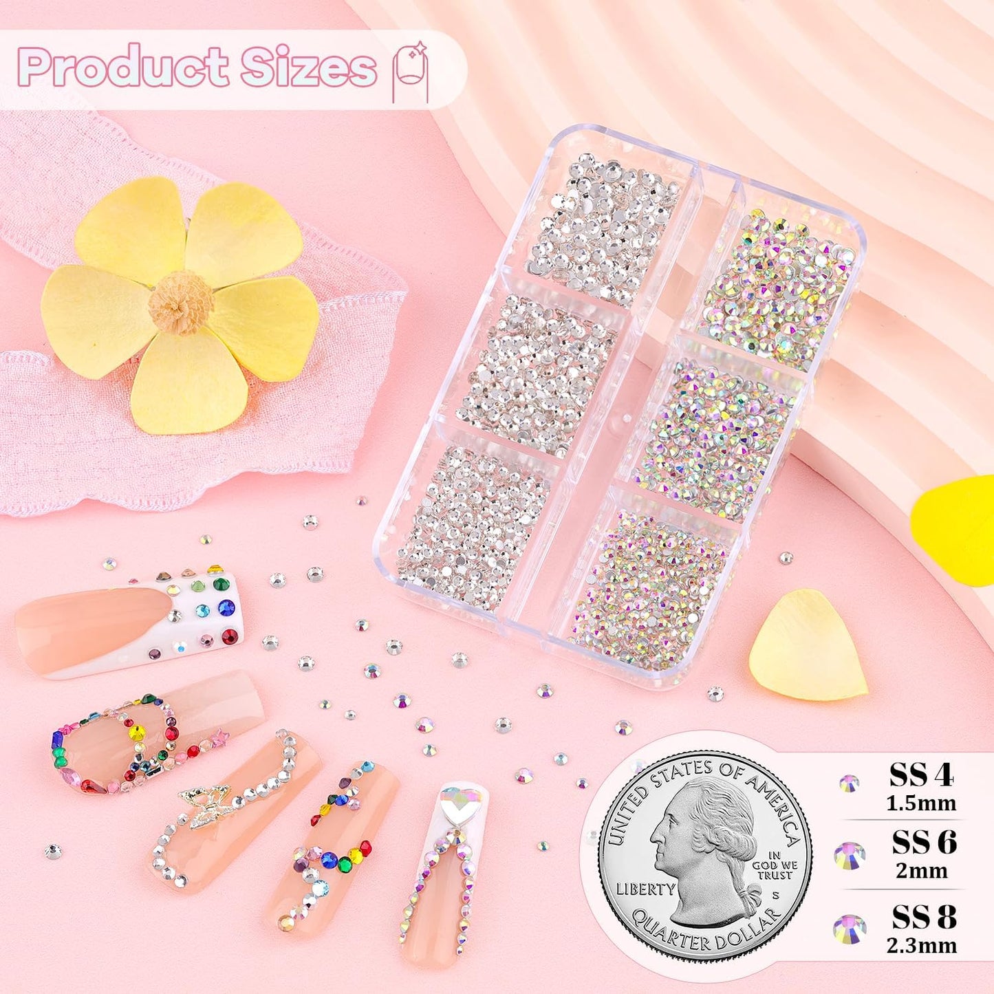 5400Pcs Glass Crystal Small Rhinestones for Nail Art, Tiny AB Clear Colorful Rhinestone Flatback Bedazzling Gems, Nail Rhinestones and Gems Crystals Charms for Acrylic Tips Manicure Decor