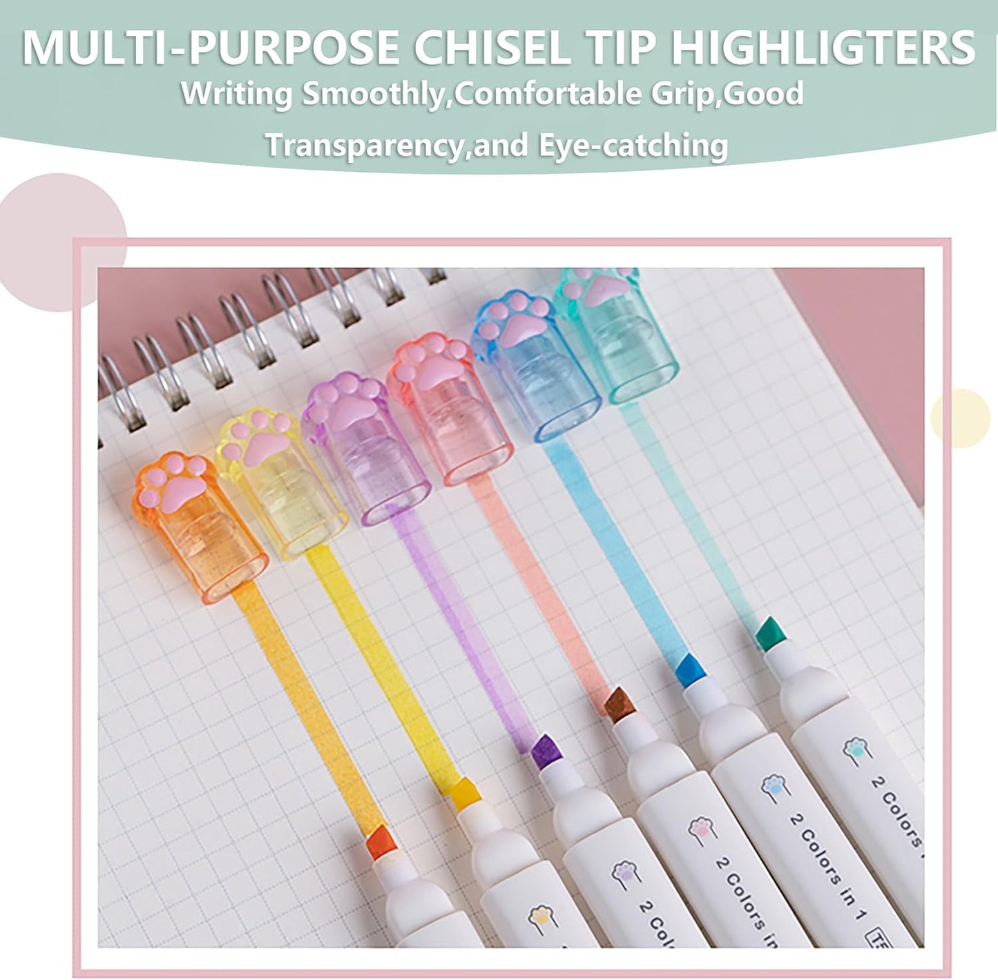 Double-headed Highlighter Markers, 6Pcs of 12 Flat Heads, Cute Light Color Eye Protection Highlighters, Bright and Vintage Markers for School Office Supplies