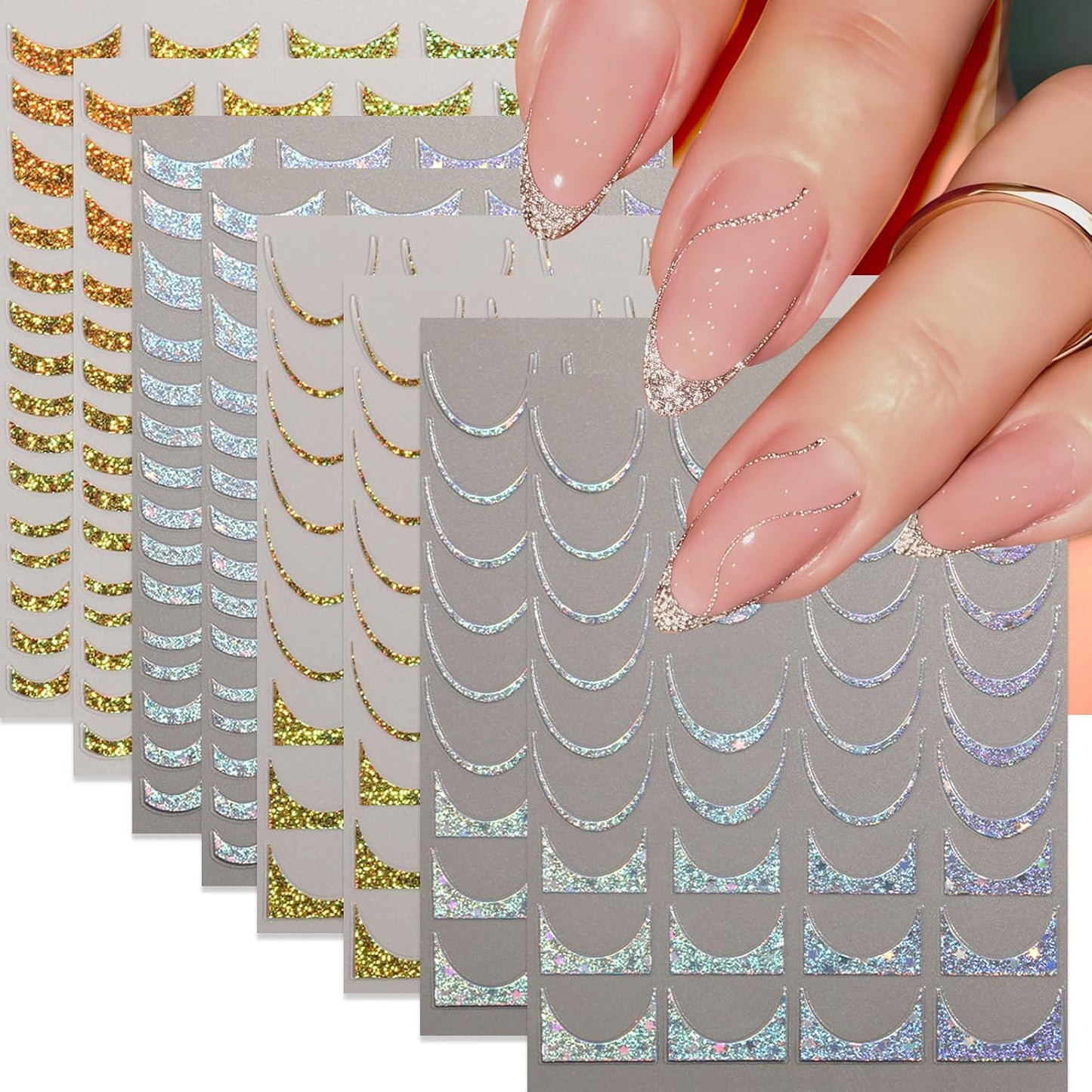 8 Sheets French Tip Nail Art Stickers 3D Self-Adhesive Gold Laser Stripes French Line Transfer Decals Curved Lines Nail Art Designs Glitter Guides Stripe Manicure Accessories for Women DIY Nail Decor