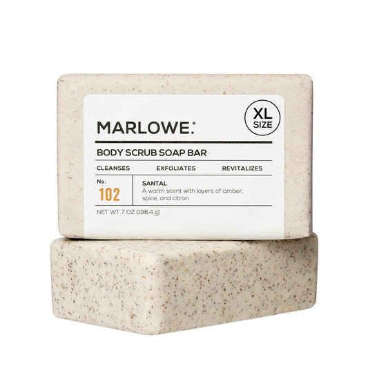 MARLOWE. No. 102 Body Scrub Soap 7 oz, Santal, Exfoliating Soap Bar with Shea Butter, Olive Oil & Green Tea Extracts, Cleanses, Smooths & Revitalizes Skin, Warm Amber, Spice & Citron Scent