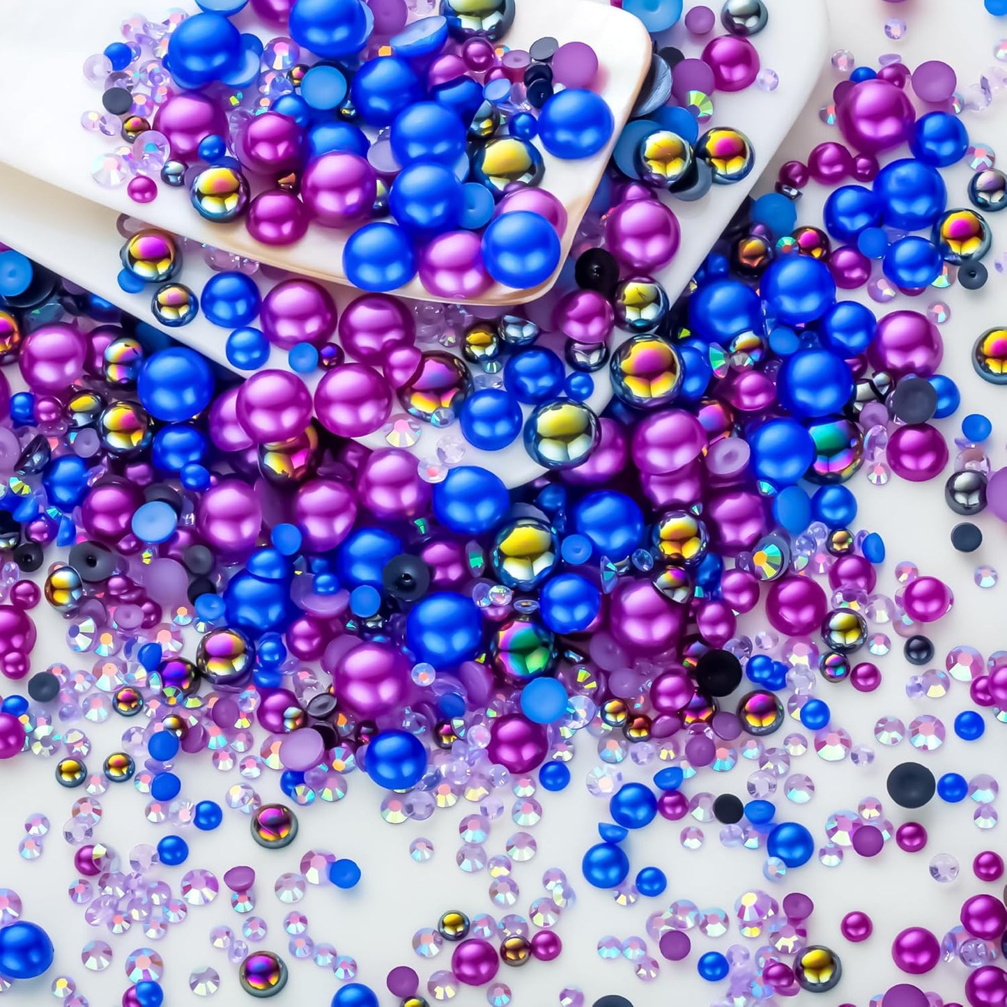 60g Dark Blue Flat Back Pearls Rhinestones for Crafts Mixed Size 3mm-10mm AB Color Round Half Pearls Flatback Pearl Beads and Resin Rhinestones Set for Face Art with Glue