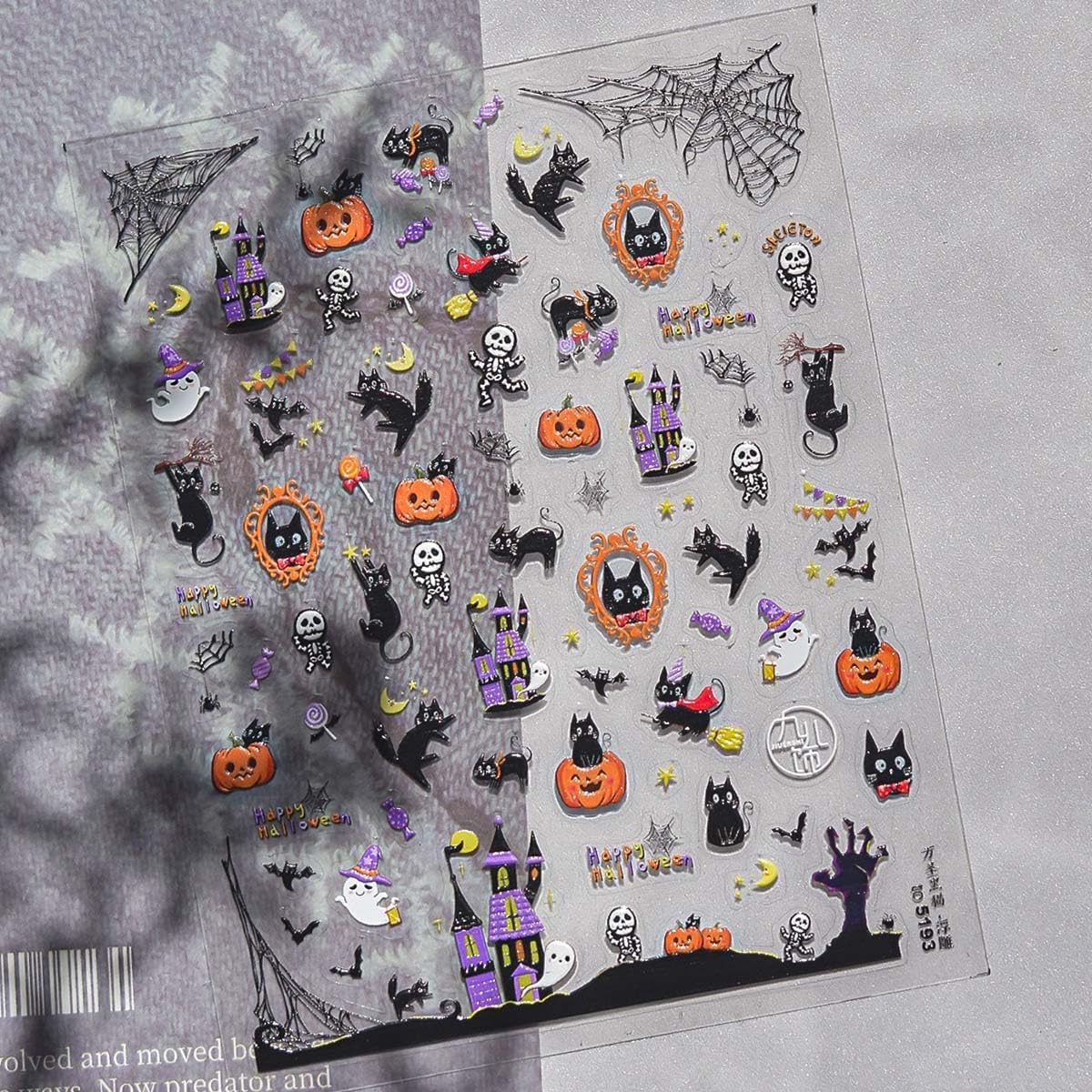 5D Embossed Halloween Nail Art Stickers Cute Nail Decals Cat Nail Stickers with Spider Wed Design 3D Self Adhesive Nails Supplies Accessories for Women Manicure Charms DIY Decoration 1sheet