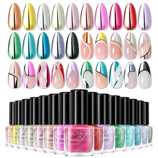 Born Pretty Metallic Nail Polish Set, 15 Colors Metallic Mirror Quick Dry Nail Polish Red Pink Gold Silver Purple Chrome Holographic Regular Nail Polish Nail Lacquer Fingernail Glossy Nail Polish Set