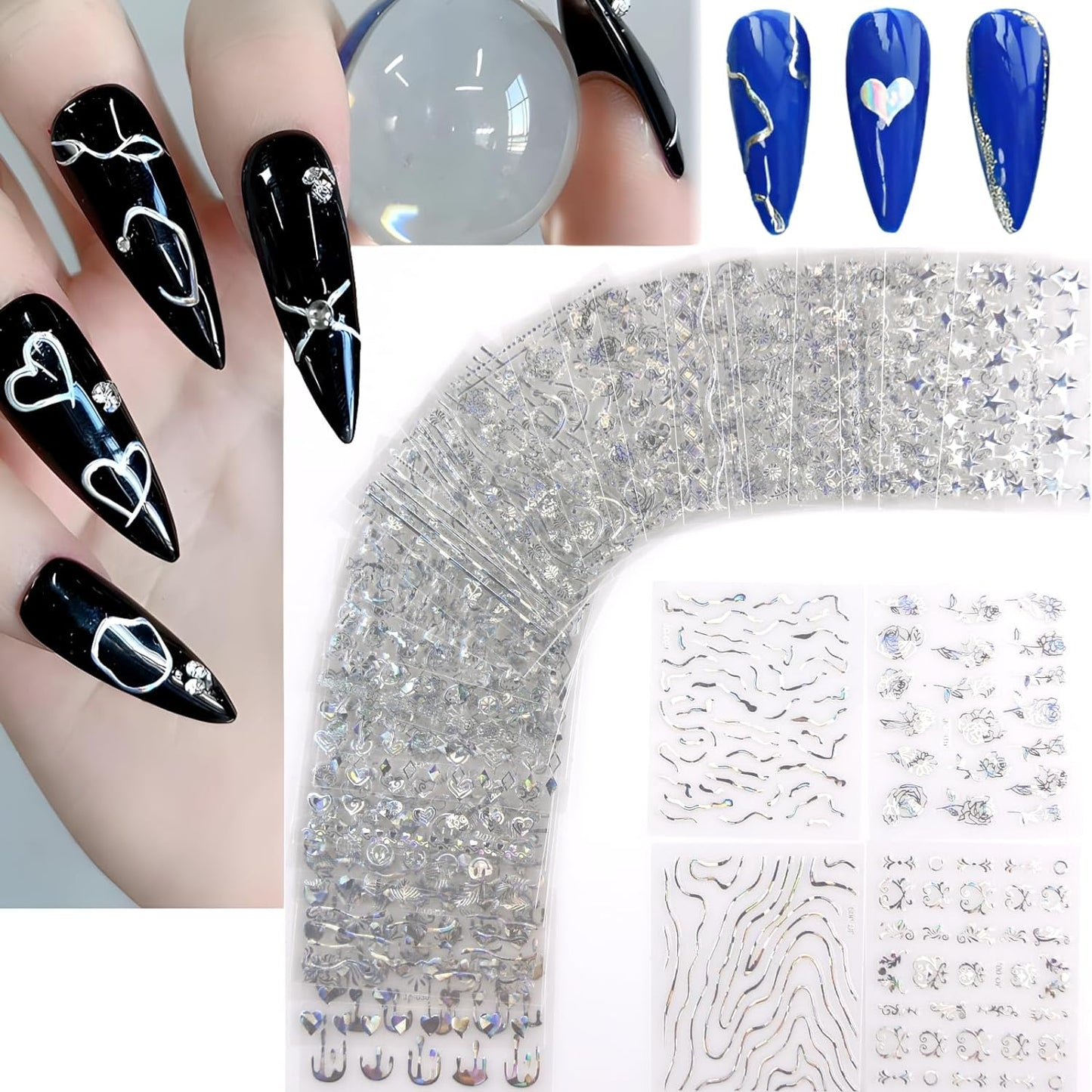 30 Sheets Silver Nail Art Stickers 3D Self-Adhesive Line Nail Decals for Acrylic Nails Lace Leaf Flower Nail Supplies for Nail Art Glitter DIY Design Nail Stickers for Women